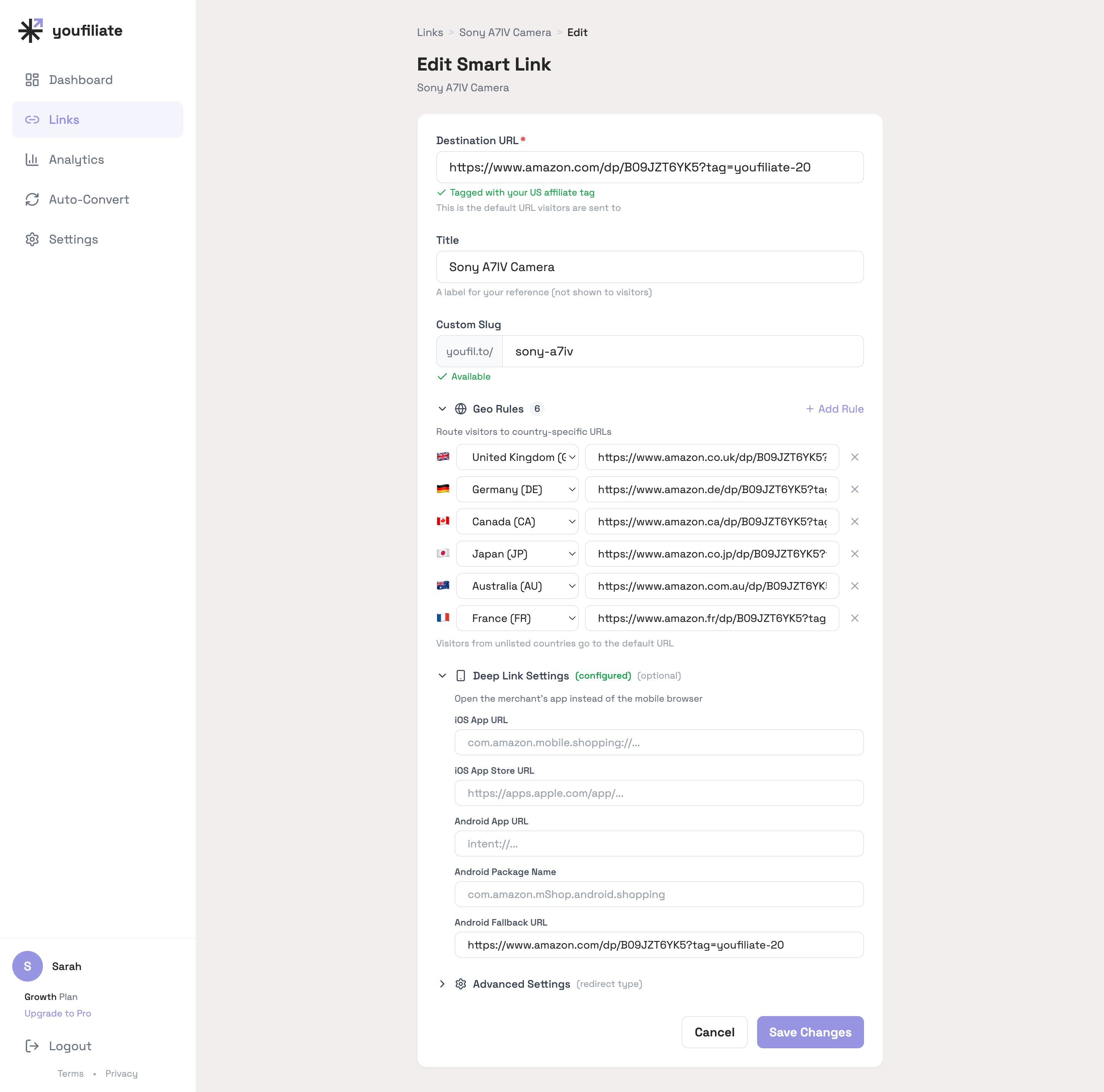 Youfiliate's geo-rule editor for a single smart link, with country-specific routing for UK, Germany, Canada, Japan, Australia, and France, plus deep-link app settings on the same page